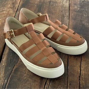 BC Footwear Straight Up Cognac Platform Fisherman Sneakers Sandals Sz 8 Vegan